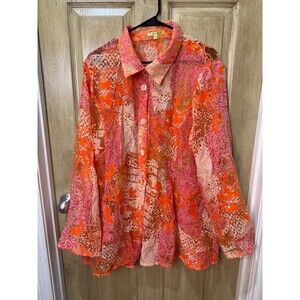 Trisha Tyler Blouse Womens XL Orange Pink Floral Abstract Sheer Button Up Shirt